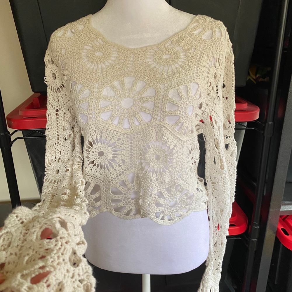 Lace Crochet Floral Sheer Cream Top Medium Boho Festival‎ Doily Western Cotton